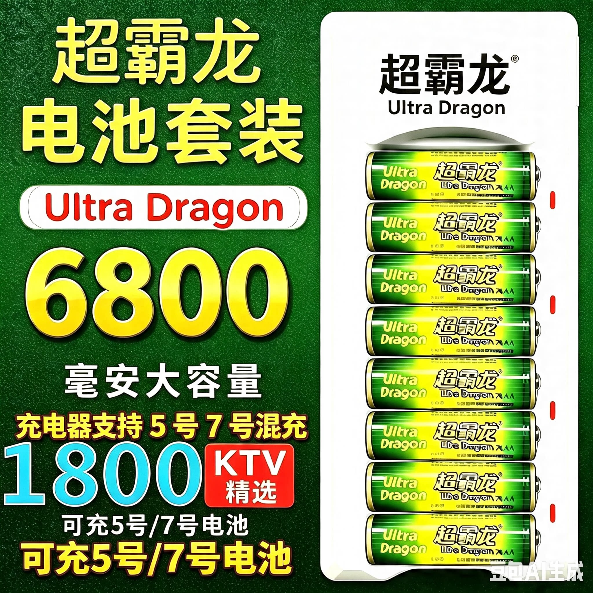 正品全新超霸龙1.2V镍氢5号7号大容量ktv充电电池充电器AA长续航