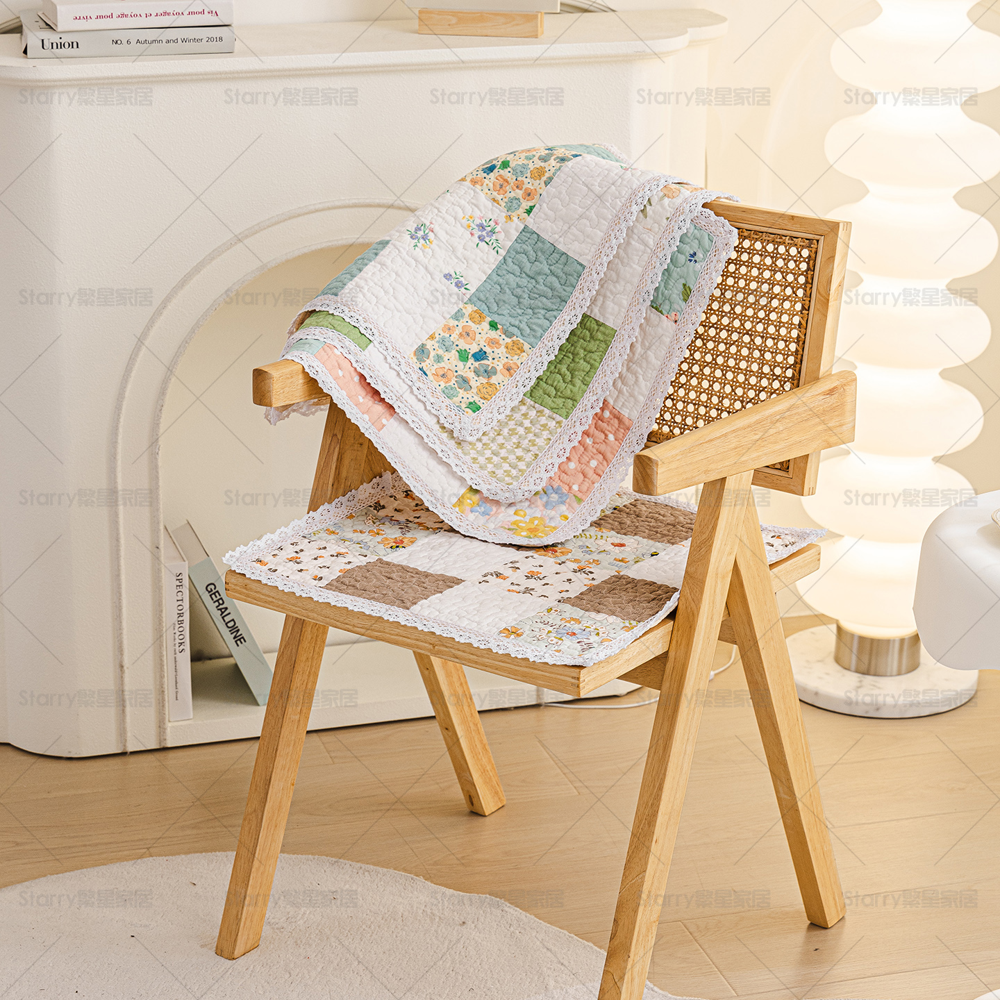 纯棉田园风椅垫蕾丝花边拼色坐垫四季通用全棉透气椅子垫防滑布艺