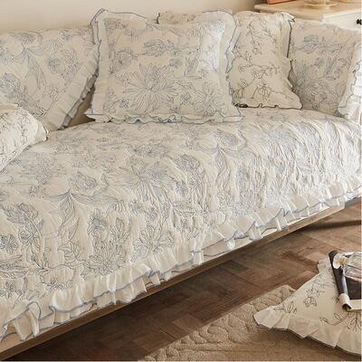 法式复古刺绣纯棉布艺防滑沙发垫全棉座垫可机洗定制沙发套罩巾