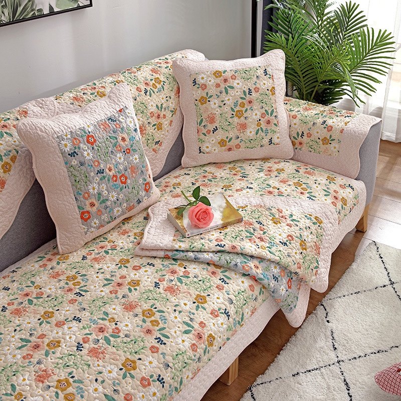 全棉绗缝沙发垫防滑布艺加厚田园四季通用纯棉皮沙发巾罩套可水洗