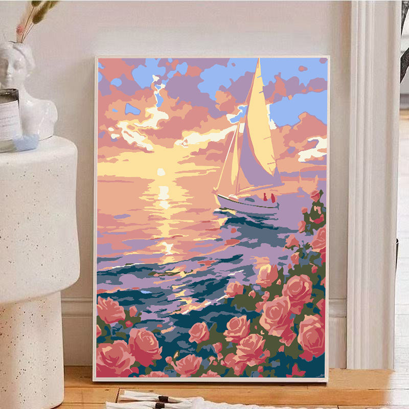 海上生花数字油画diy手工填充手绘花卉风景画治愈简约客厅装饰画