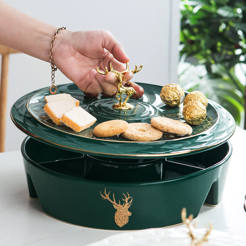 年货果盘美式轻奢风家用客厅茶几分格带盖干果盘欧式糖果零食装盘