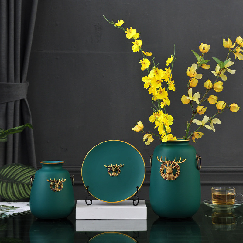 中式摆件创意轻奢家居花瓶陶瓷酒柜三件套电视机柜玄关摆件装饰盘