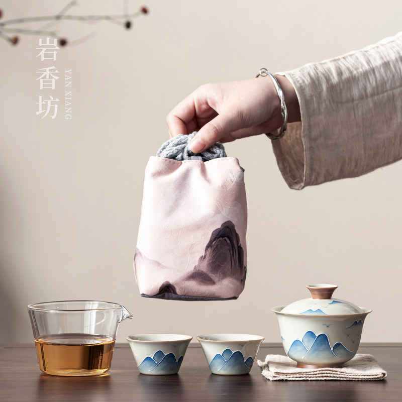 岩香坊草木灰手绘山水盖碗快客杯釉下彩陶瓷便捷旅行功夫茶具,餐饮具,旅行茶具,淘宝优惠券,粉丝福利购,淘宝优惠卷
