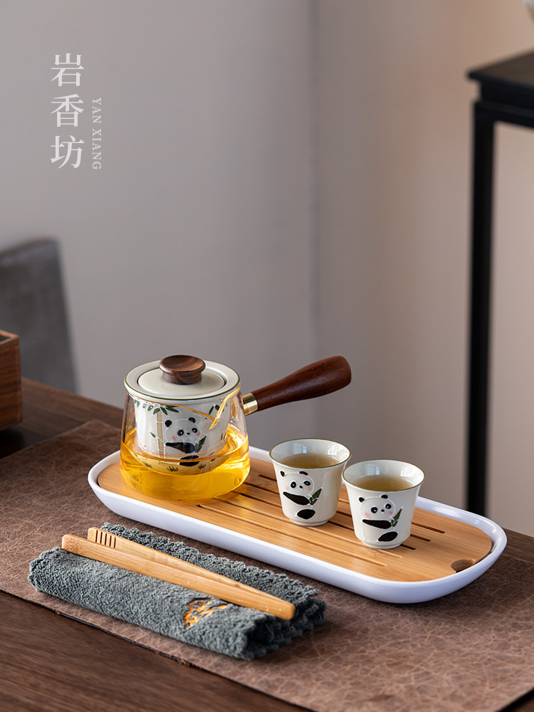 岩香坊草木灰手绘熊猫玻璃侧把壶陶瓷釉下彩茶壶茶具套装中式