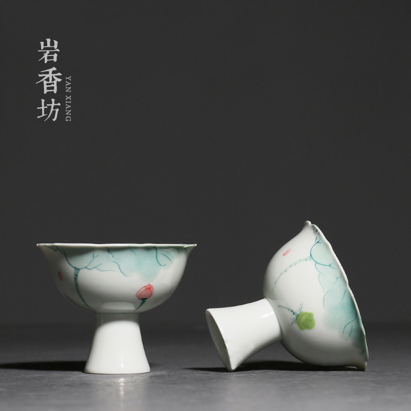速发男绘荷花高脚葵口莲花手釉下彩杯主人杯家用茶杯小清新品茗杯