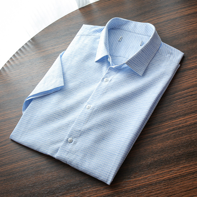 线下299 夏季男士天然亚麻混纺薄款透气通勤休闲短袖衬衫 麻衬衣