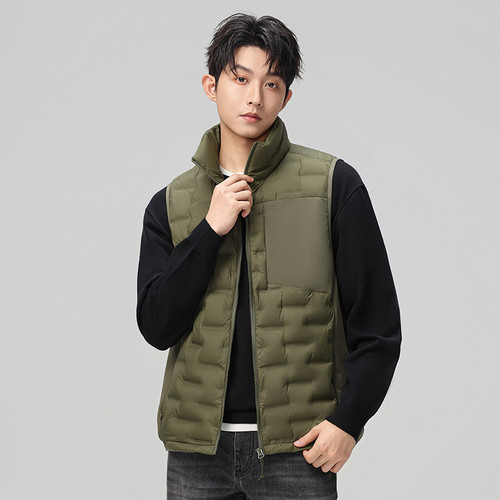 90白鸭绒 冬季男士蓬松轻薄款立领针织拼接休闲羽绒马甲背心外套