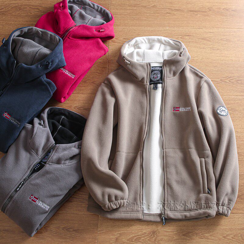 出口挪威订单 冬季男士加绒加厚户外防风保暖摇粒绒连帽夹克外套