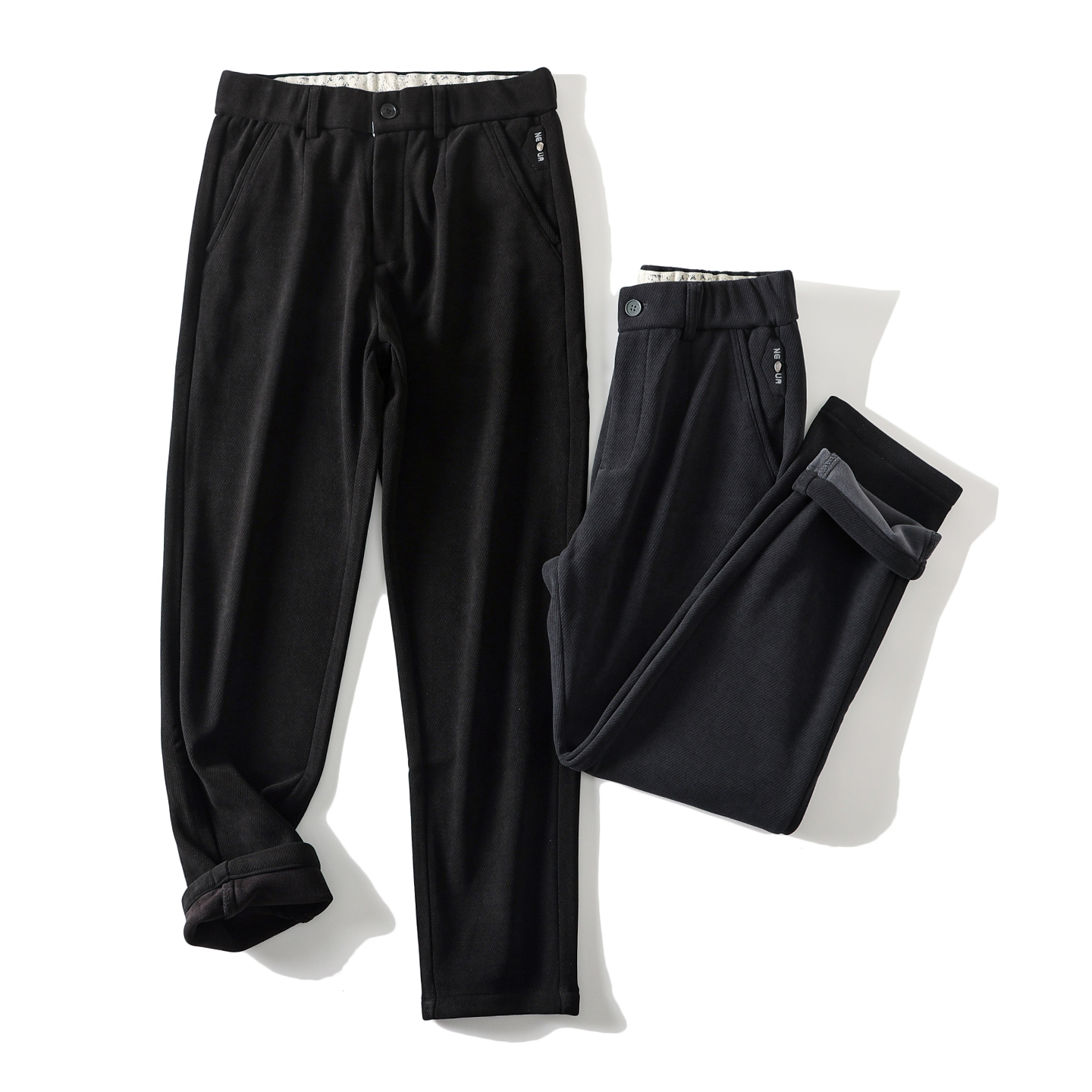 冬季男士小直筒加绒加厚防风保暖弹性商务通勤纯色休闲长裤 男裤