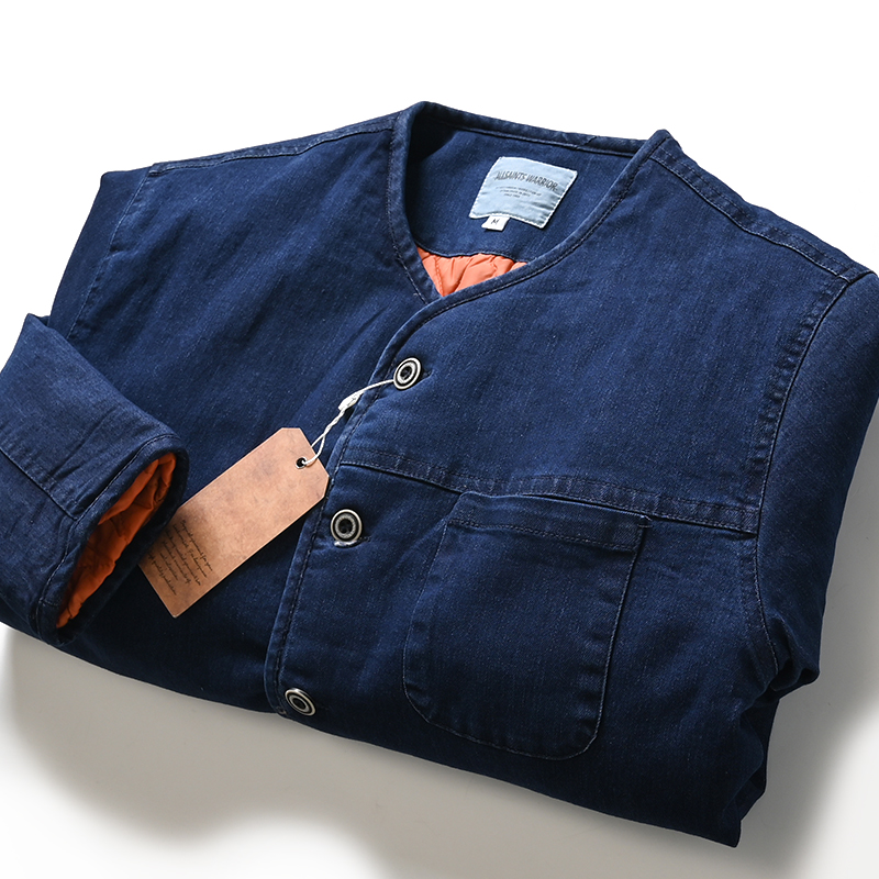男士无领夹棉加厚牛仔夹克外套