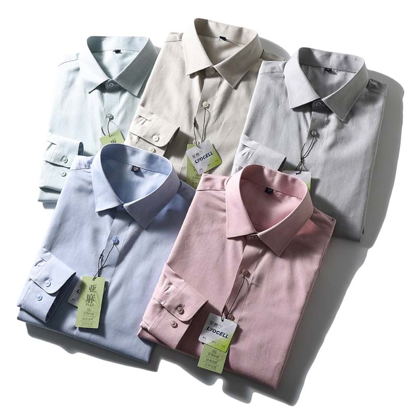 莱赛尔纤维+亚麻 春季男士亲肤抗菌凉爽透气纯色休闲长袖麻衬衫潮