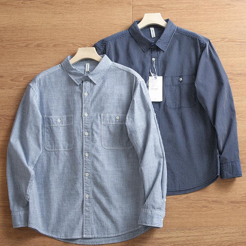 日系复古水洗纯棉条纹长袖衬衫