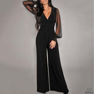 jumpsuit 休闲v领网纱铆钉直筒连体裤 女装 Womens mesh 时尚 neck