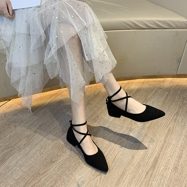 春秋季尖头浅口单鞋甜美仙女风配裙子绑带低跟女鞋ins潮清仓特价