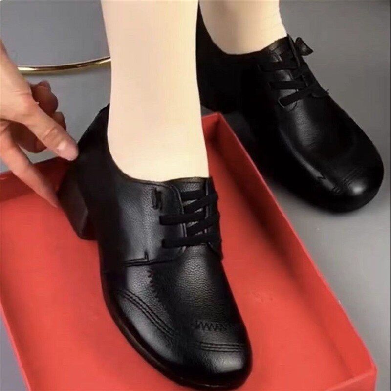 真皮单鞋2026秋新款软皮粗跟牛津软底舒适百搭圆头女鞋妈妈跳舞鞋