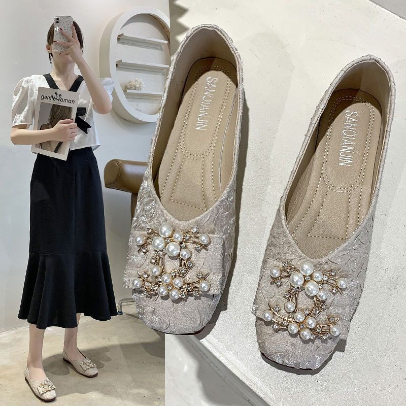 35-42方头单鞋女浅口珍珠扣平跟软底奶奶鞋仙女风软皮上班豆豆鞋