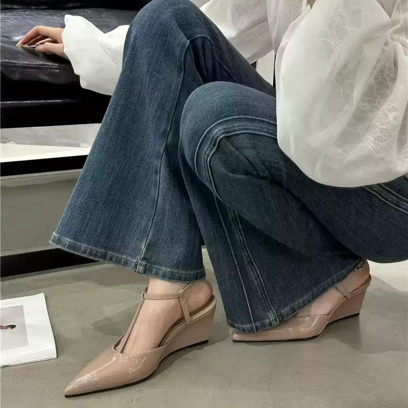 高跟鞋女夏坡跟尖头裸色亮皮时装女鞋百搭简约罗马包头一字扣凉鞋