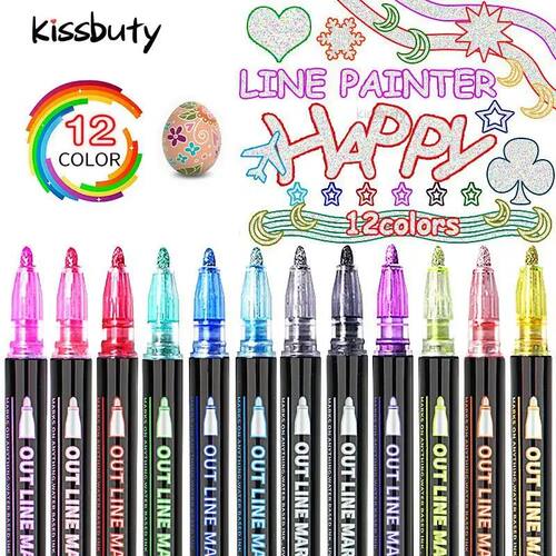 8/12 Colors Double Line Pen Outline Paint Marker Pens Diy Al