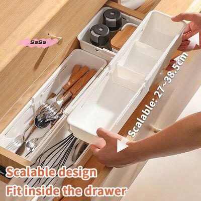 Expandable Drawer Organizer - White Utensil Tray for Kitchen