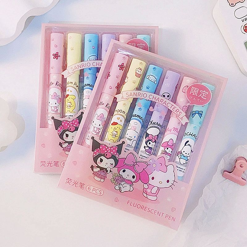 6Pcs Highlighter Pen Set Kawaii Kuromi Melody Cinnamoroll Ar