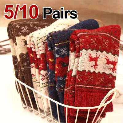 5/10 Pairs Autumn/Winter Thick Reindeer Printed Women Mid Tu