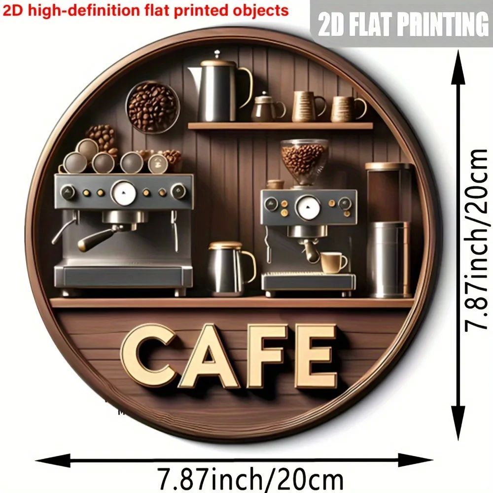 2D Flat Retro Round Wooden Coffee Shop Wall Art Rustic Coffe