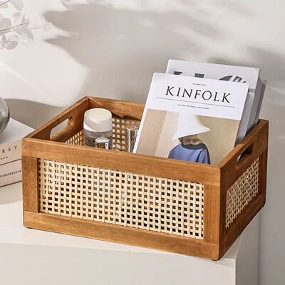Kitchen Desktop Solid Wood Storage Box Retro Rattan Basket B