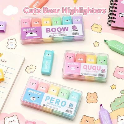 12 Colors Cute Bear Highlighters Set Marker Pens Kids Statio