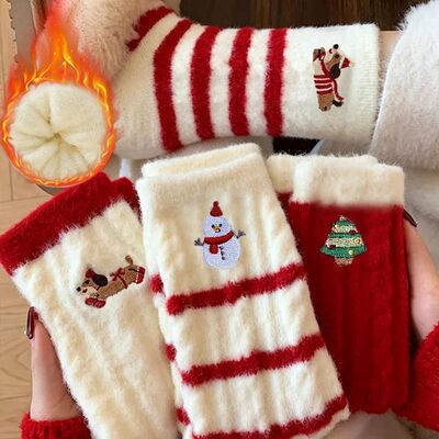 1/5Pairs Red Plush Christmas Pattern Socks Cotton Socks New