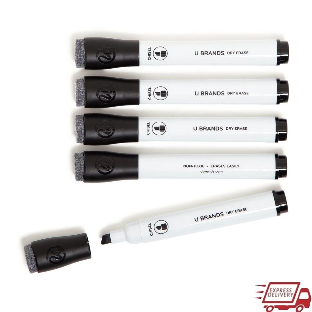 Set of 5 Low-Odor Black Dry Erase Markers Chisel Tip with Bu