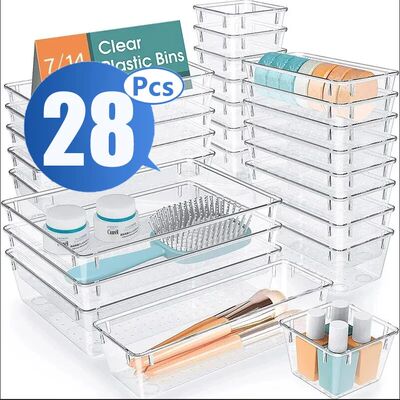 4-28 Pcs Drawer Organizers Set Clear Plastic Desk Dividers B