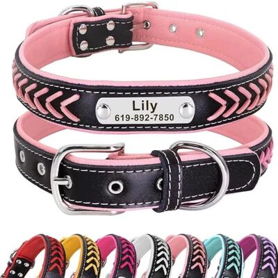 Engraved Leather Dog Collar Braided Persoanzled ID tag Colla