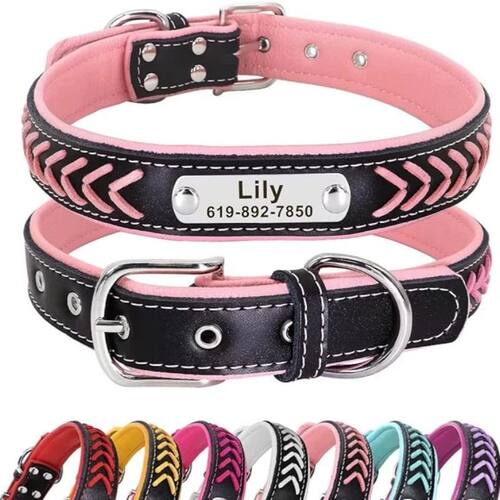 Engraved Leather Dog Collar Braided Persoanzled ID tag Colla