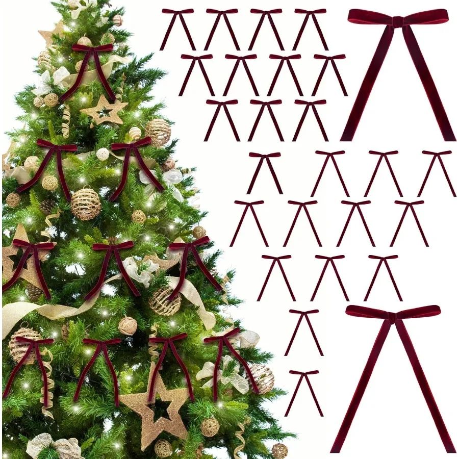 26 Pcs Burgundy Velvet Bows for Christmas Tree Ornaments Per