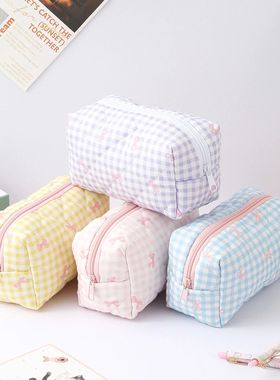 1pc plaid bow pattern pencil case spacious large-capacity fa