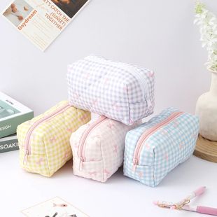 1pc plaid bow pattern pencil case spacious large-capacity fa