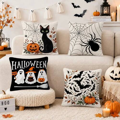 Halloween Bat Spider Cushion Cover Short Plush Double Sided