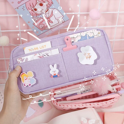 Kawaii Purple Canvas Pencil Case Cute Animal Badge Pink