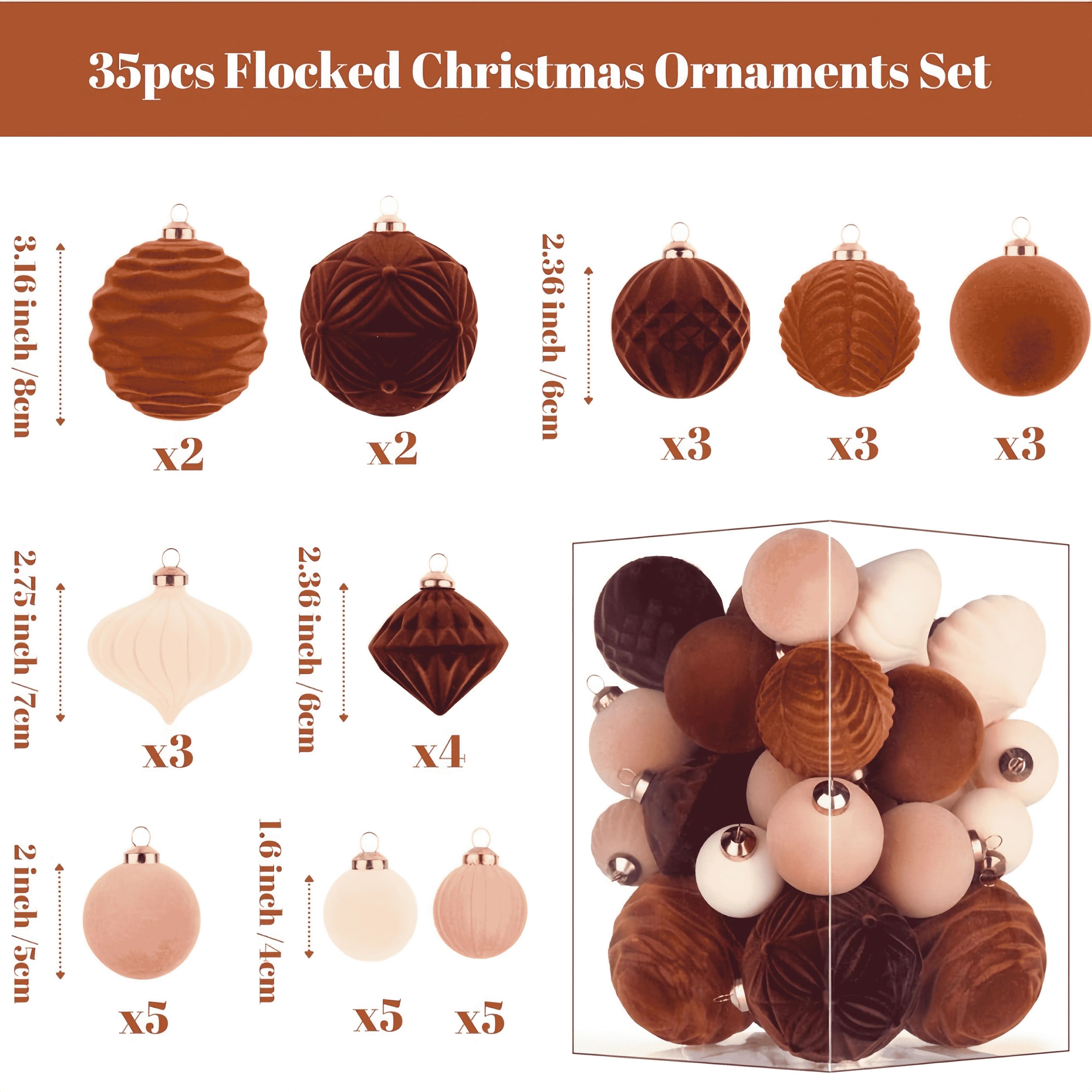 35PCS Flocked Christmas Ball Ornaments For Tree Neutral Velv