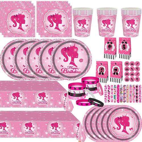 Happy Pink Girls Birthday Party Decorations Set Disposable P