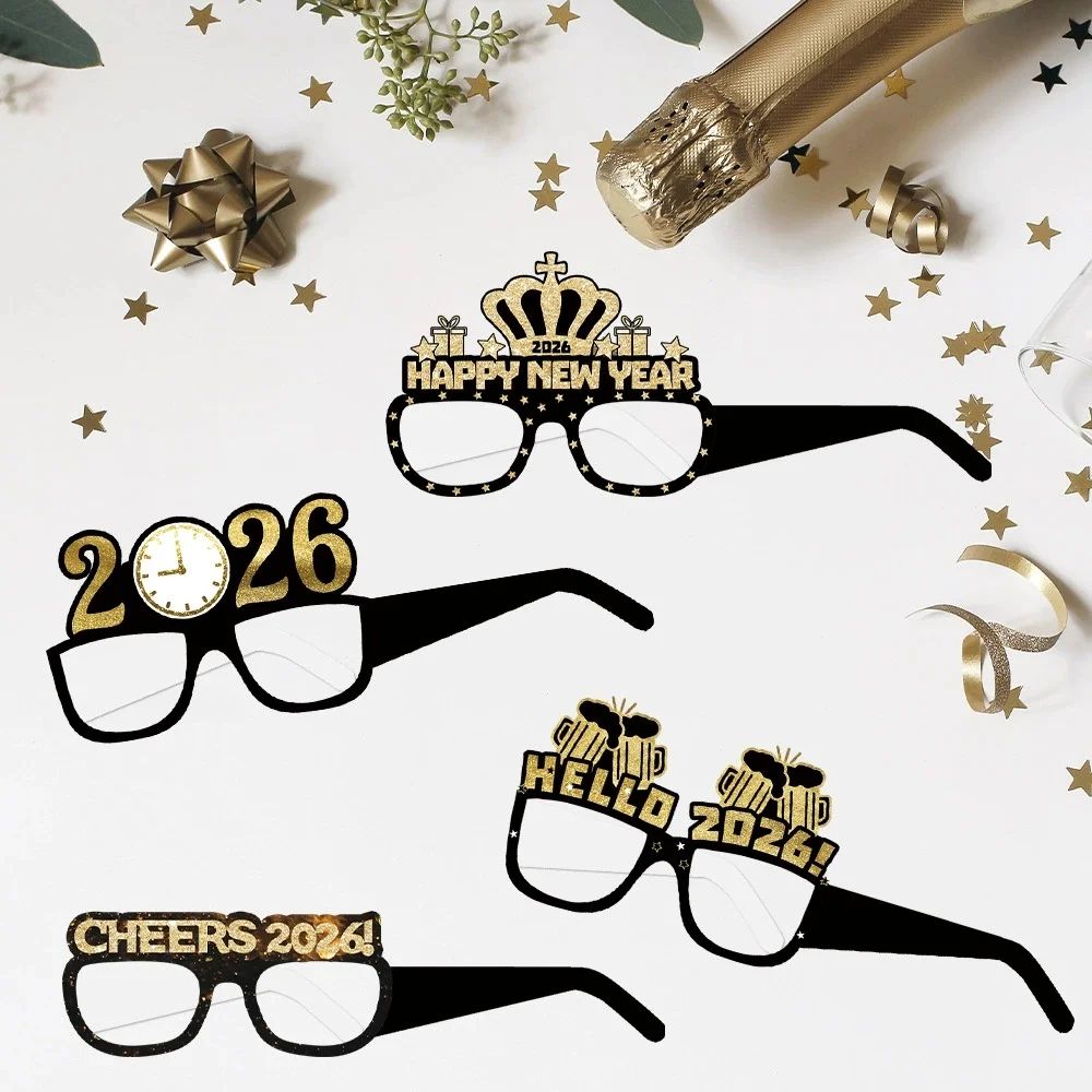 12/6pcs Happy New Year Paper Glasses 2026 Eyeglasses Frame P