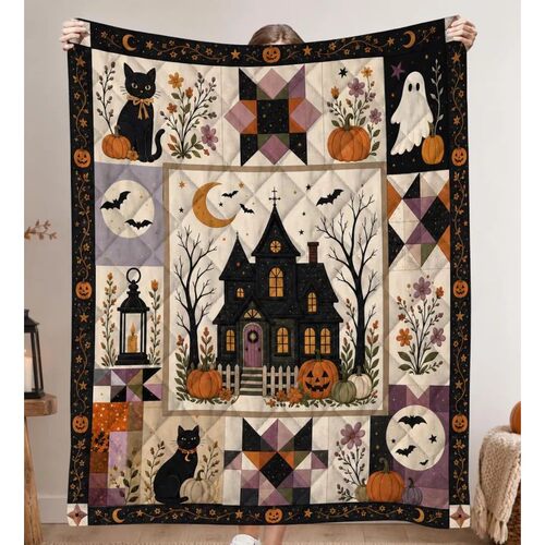Halloween Patchwork Quilt Blanket Spooky Season Cute Ghost P