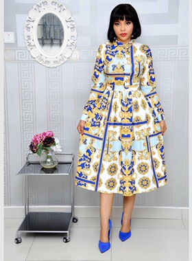 Printed pleated mid lengt alf ig neck long sleeve dress