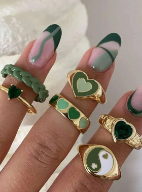 日韩网红水钻桃心戒指ins尾戒扳指环女树脂百搭Ring set women