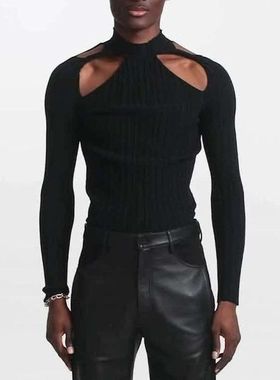 2023新款欧美修身性感黑色长袖t恤男士时尚纯色镂空Men's T-S