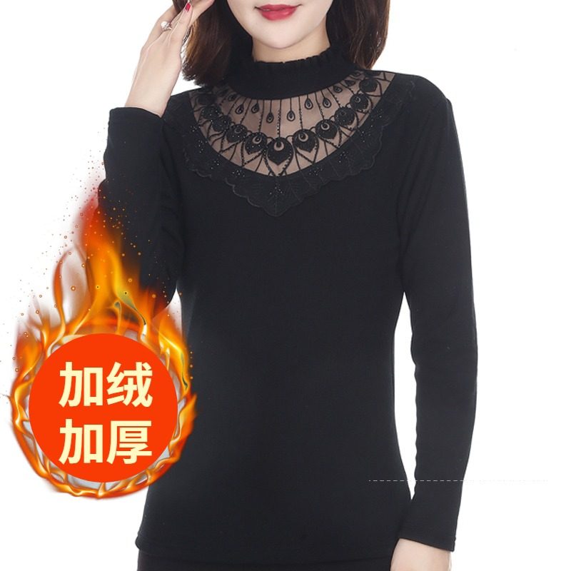 秋冬半高领加绒加厚打底衫女蕾丝保暖大码洋气中年妈妈上衣外穿