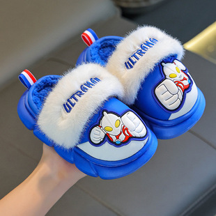 奥特曼儿童棉拖鞋秋冬季男童EVA卡通皮面防水小孩两穿保暖宝棉鞋