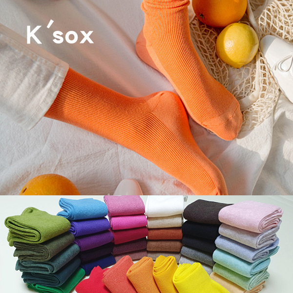 ksox居家女棉袜糖果色中筒袜纯色