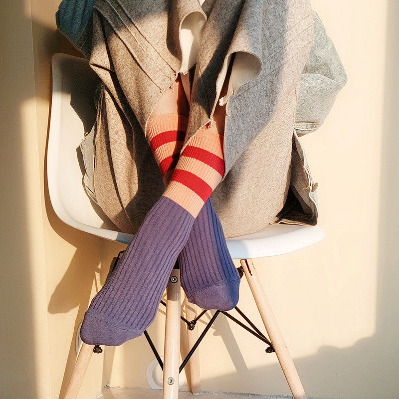 韩国东大门运动袜ETNA拼色条格条纹扎口女袜21新款糖果色中筒袜子